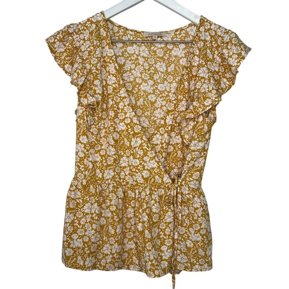 Skies Are Blue Floral Wrap Ruffle Peplum Blouse Top Womens Medium Yellow/White - Picture 1 of 5